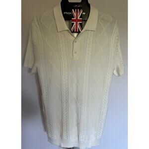 French Connection Mens Medium Cream Cable Knit Short Sleeve Polo Sweater NWT